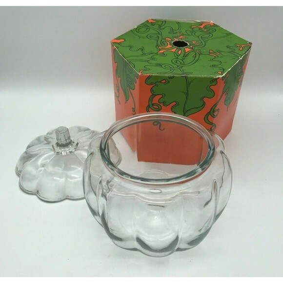 Vintage Clear Glass Halloween Pumpkin Candy Cookie Jar with  Original Box Fall - Picture 4 of 10